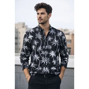 H&M Button Up Shirt Men's XL Black White Palm Print Collared Long Sleeve NWT